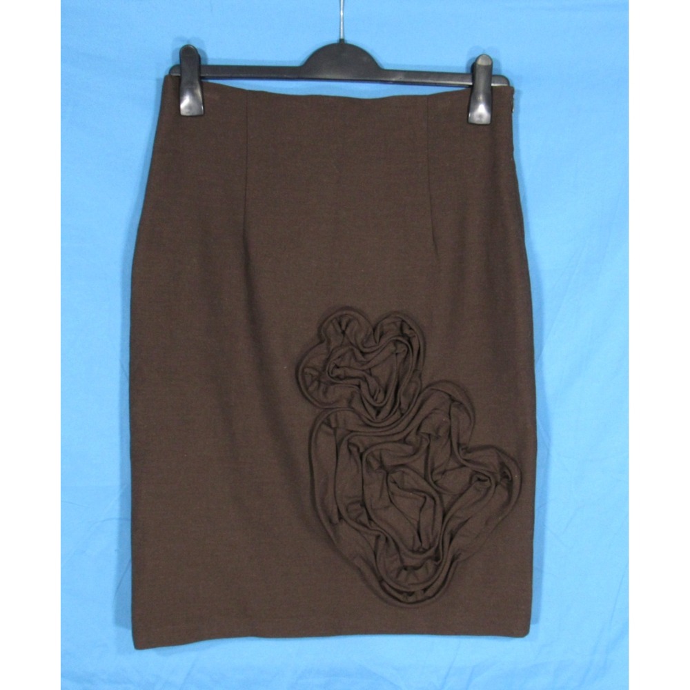 POLECI Dark Brown FLORAL EMBELLISHED Zip DARTED Straight/Pencil Skirt Sz 12